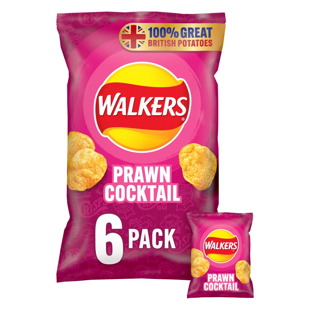 Chips saveur cocktail de crevettes Walkers, paquet de 6 x 25 g