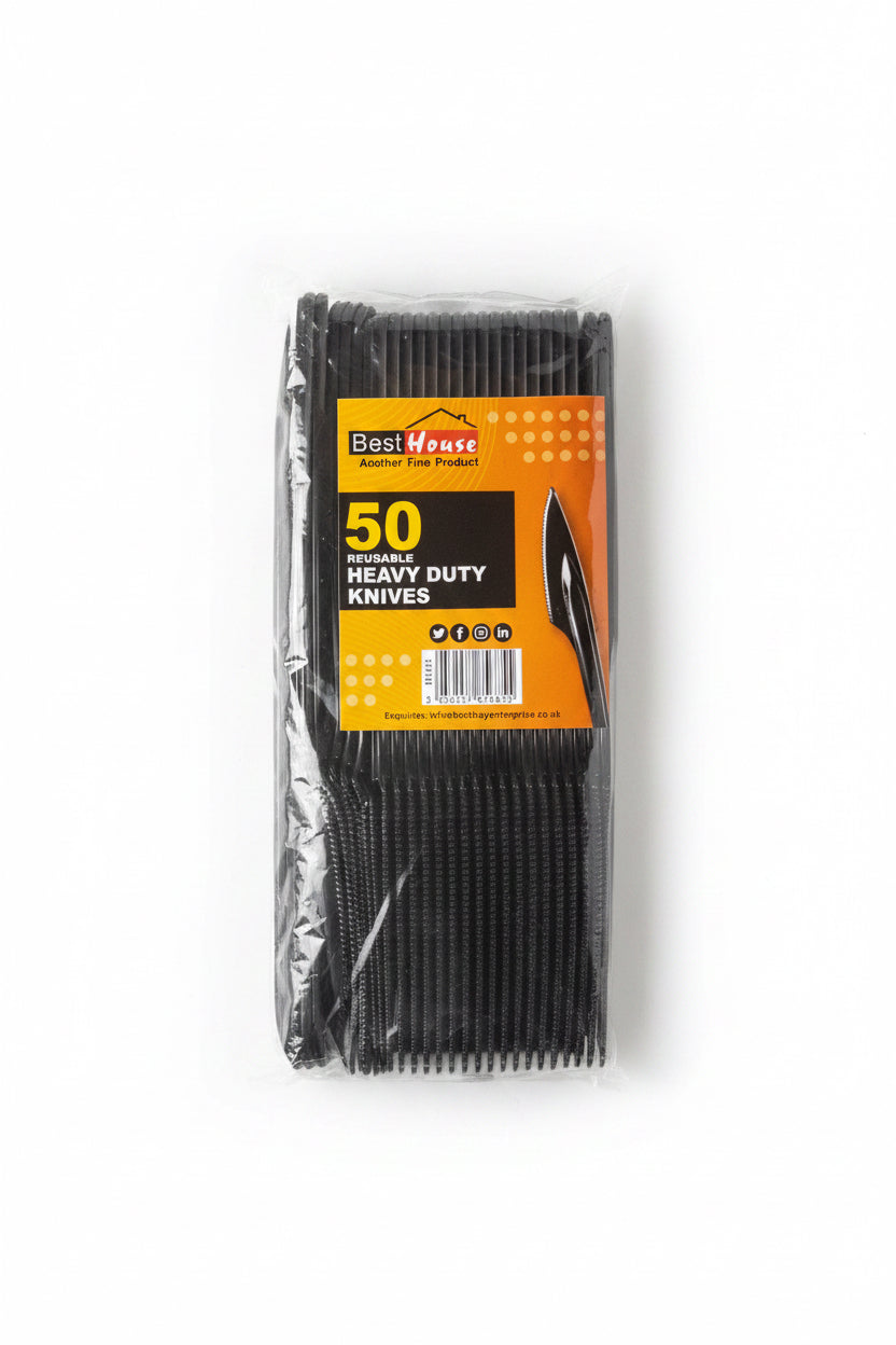 Heavy duty black plastic knives reusable pack of 50