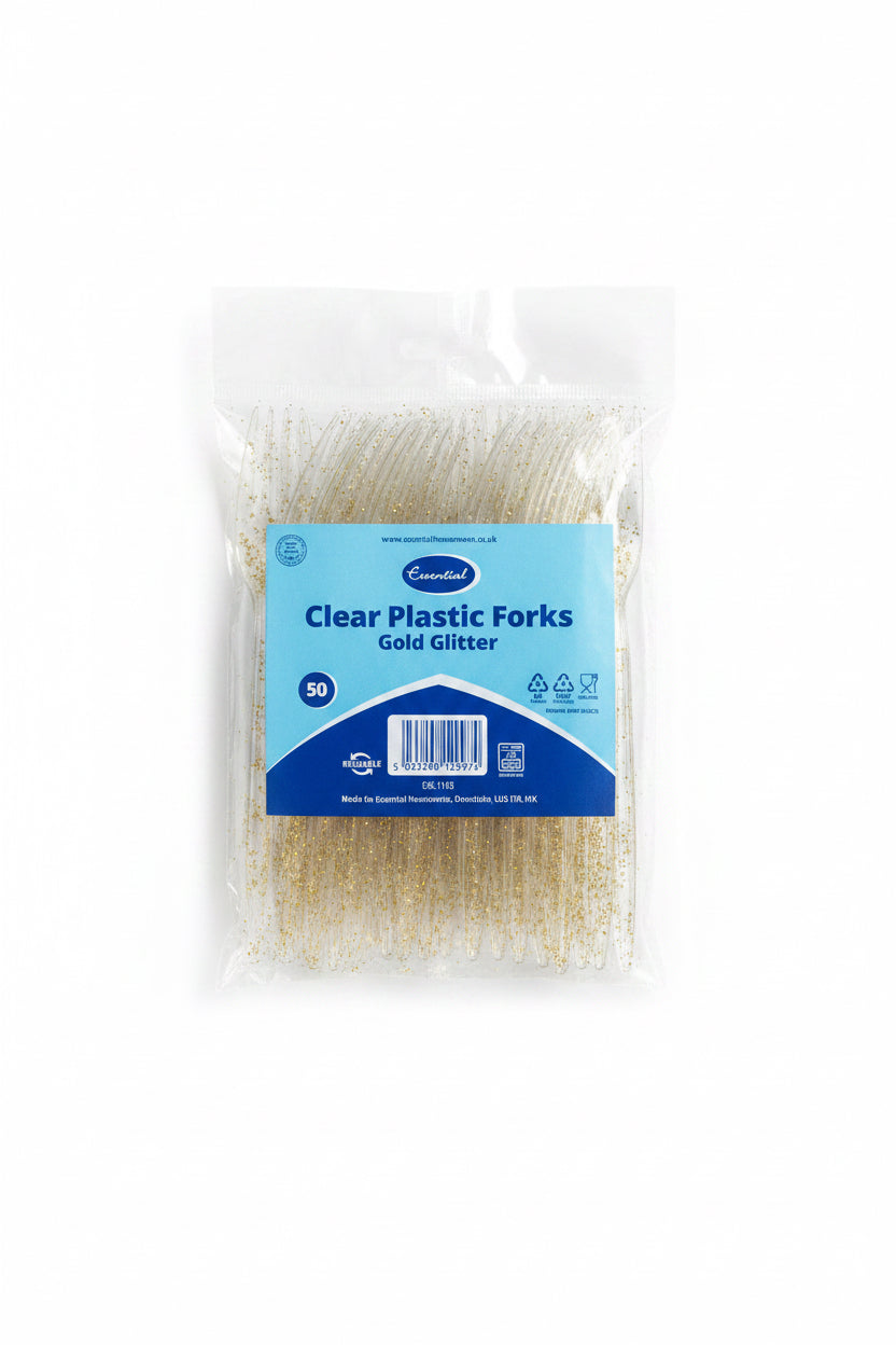 ESSENTIAL CLEAR PLASTIC FORKS GOLD GLITTER 50pack