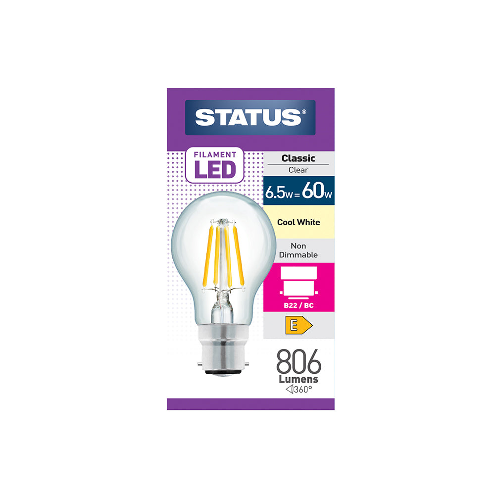 6.5w = 60w = 806 lumens -Filament LED - A55 GLS - BC - Clear - Cool White - 1 pk box