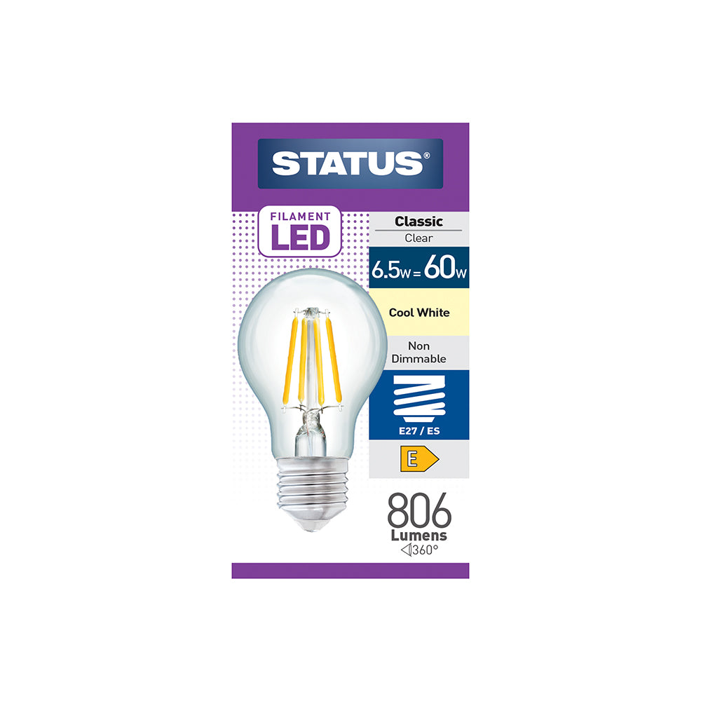 6.5w = 60w = 806 lumens - Filament LED - A60 GLS - ES - Clear - Cool White - 1 pk box