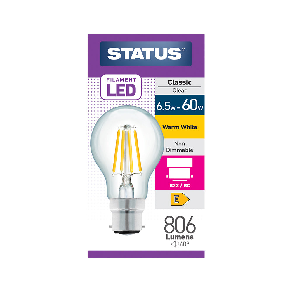 6.5 = 60w = 806 lumens -Filament LED - A60 GLS - BC - Clear - Warm White - 1 pk box