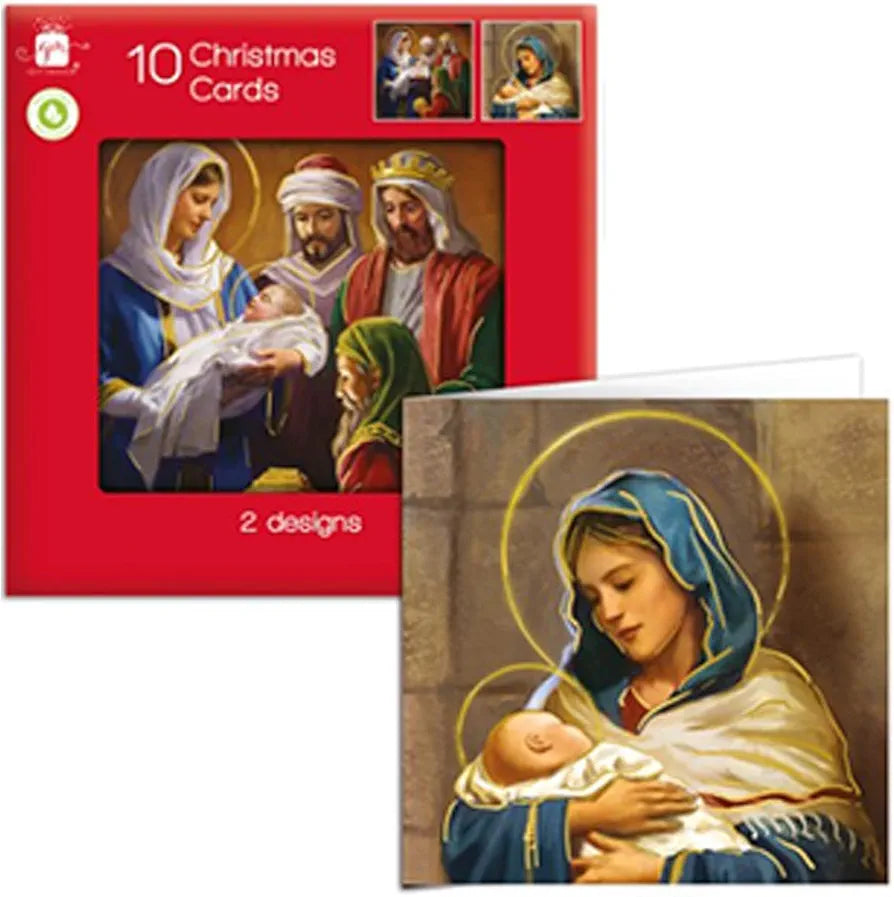 Paquet de 10 cartes de Noël carrées Famille Amis 2 motifs Nativité religieuse