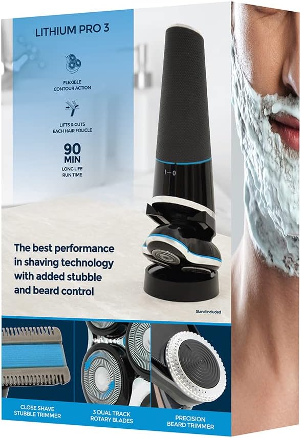 Rasoir rotatif électrique rechargeable Paul Anthony "Lithium Pro 3" avec tondeuse de précision pour barbe