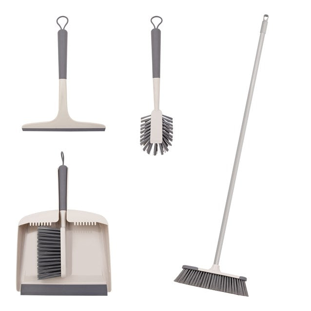 Anika Lot de nettoyage 4 pièces / Brosse à vaisselle, Balai d'intérieur, Pelle et balayette, Raclette