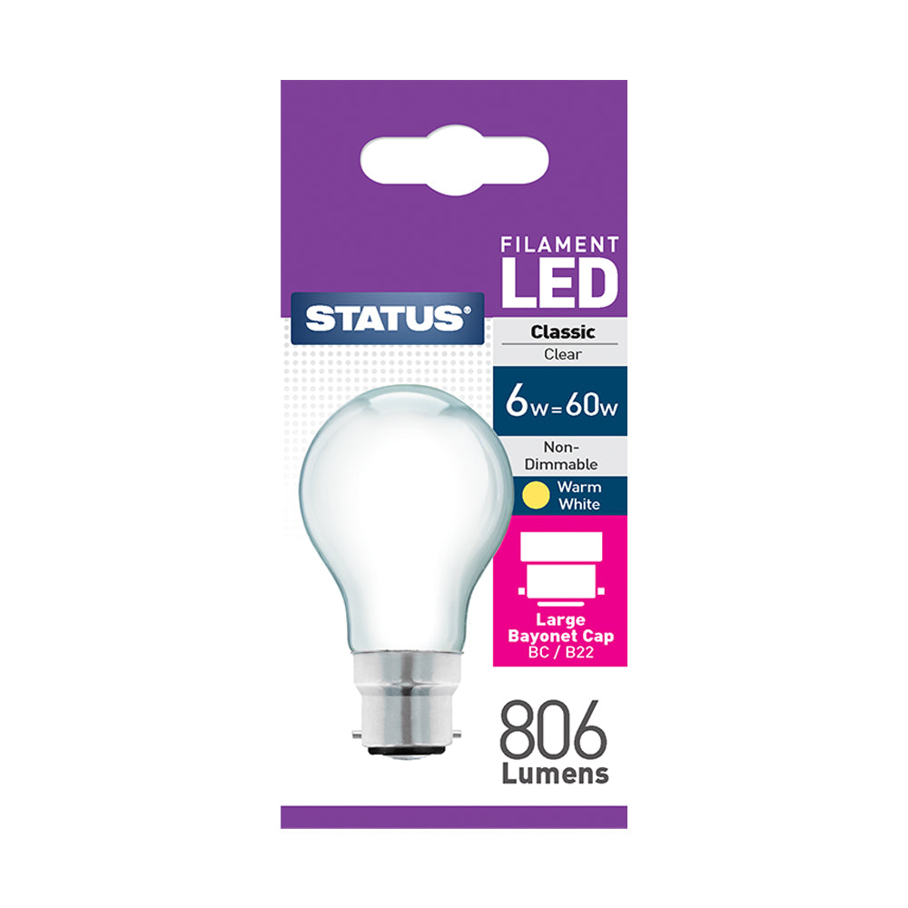 6w = 60w = 806 lumens - Filament LED - A60 GLS - BC - Pearl - Warm White - 1 pk box