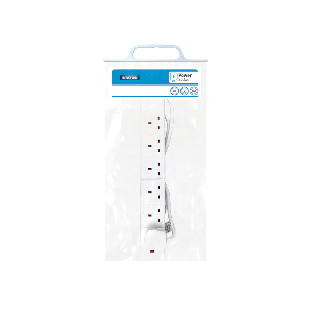 Multiprise 6 voies - 2 mètres - Blanche - Voyant néon - Fiche - 1 pièce - Sous sachet plastique avec poignée