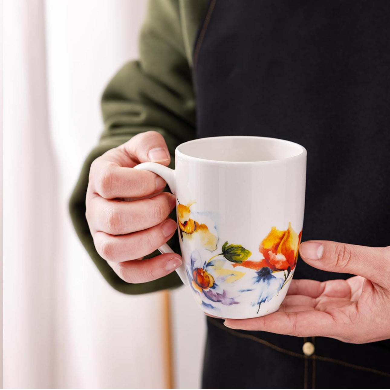 Tasses à café de 350 ml, tasses à café en céramique avec fleurs décalquées pour homme femme maman papa, ensemble de tasses à café légères pour Latte/Cappuccino/Cacao/Lait, lavables au lave-vaisselle et compatibles micro-ondes