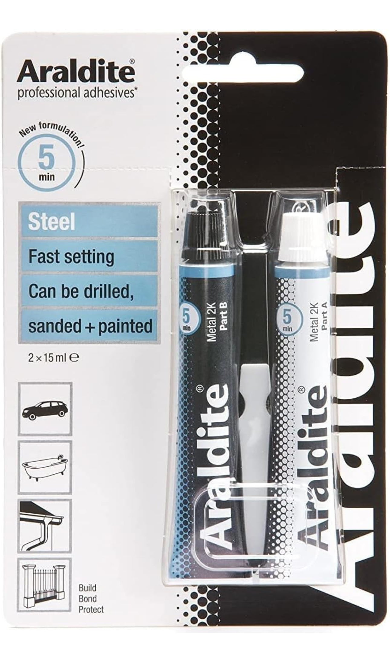 AMK® Araldite Steel Adhesive Glue Epoxy Heavy Duty Extra Strong for Metal Bonding 2 X 15ml Tube Power Bonds