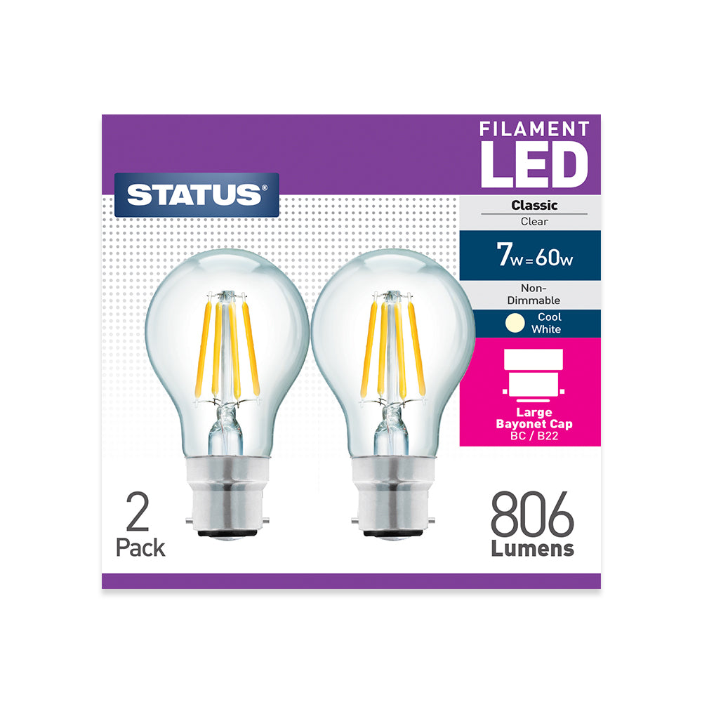 7w = 60w = 806 lumens -Filament LED - A60 GLS - BC - Clear - Cool White - 2 pk box