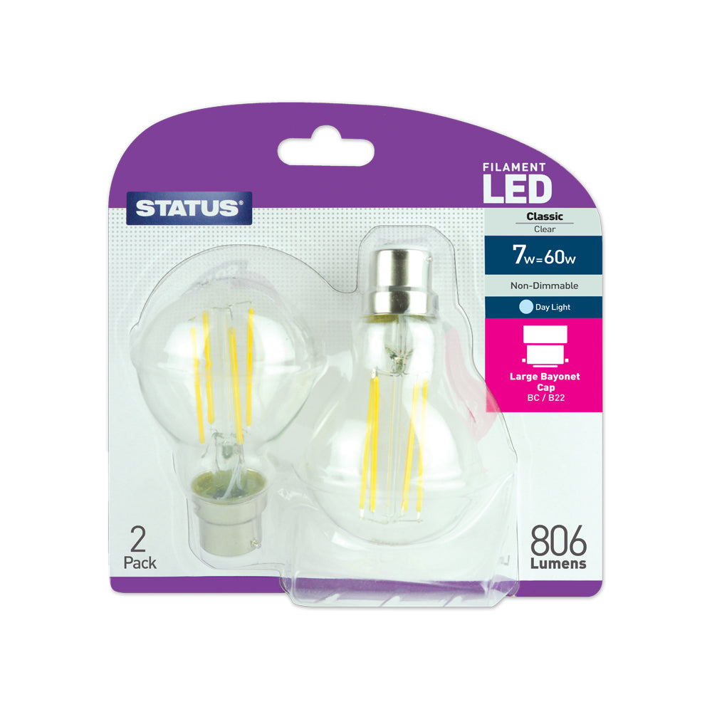 7w = 60w = 806 lumens- Filament LED - GLS - BC - Clear - Day Light - 2 pk