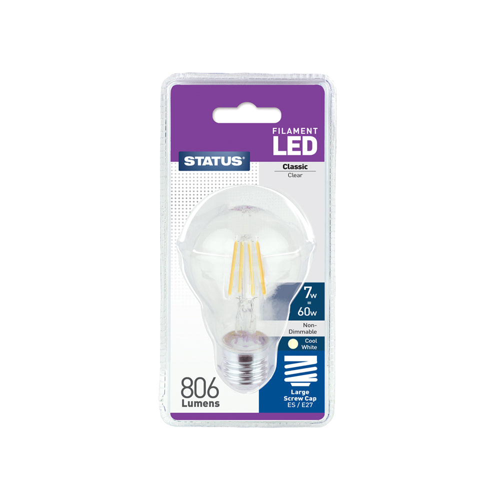 7w = 60w = 806 lumens - Filament LED - A60 GLS - ES - Clear - Cool White - 1 pk
