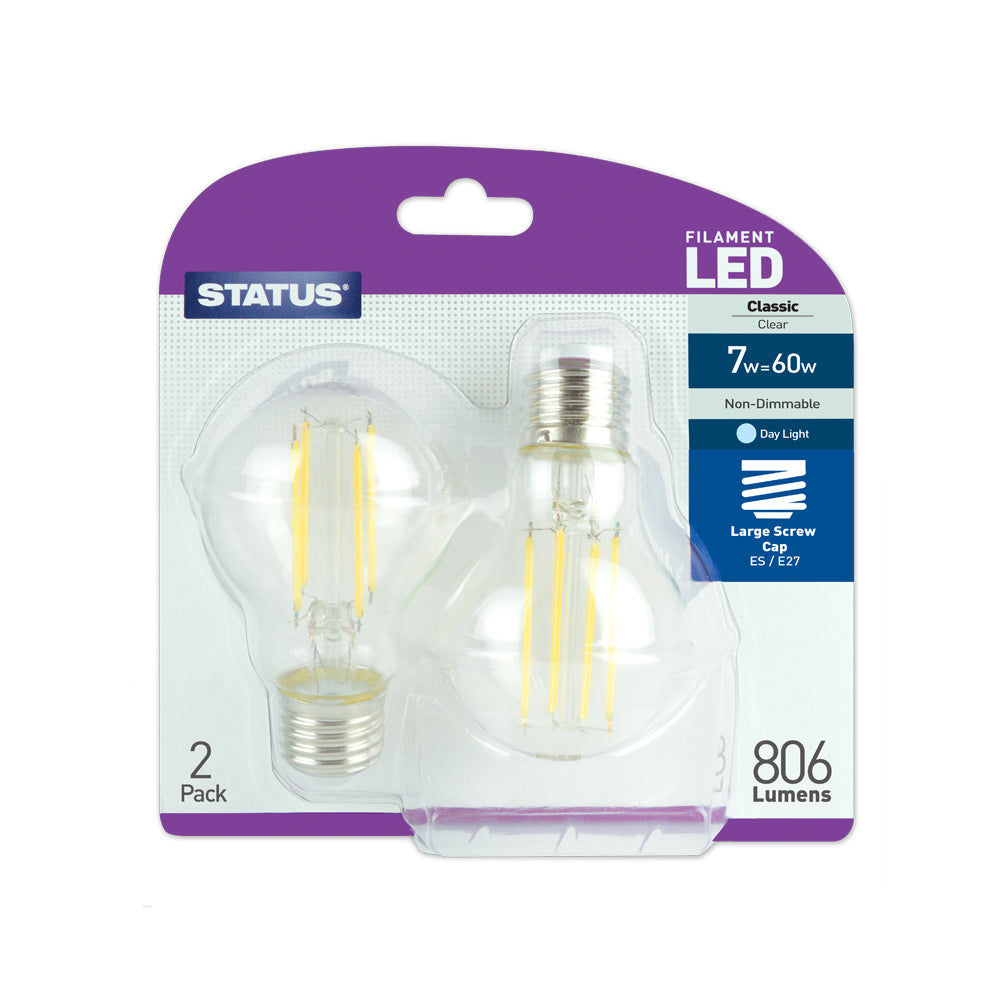 7w = 60w = 806 lumens -Filament LED - GLS - ES - Clear - Day Light - 2 pk
