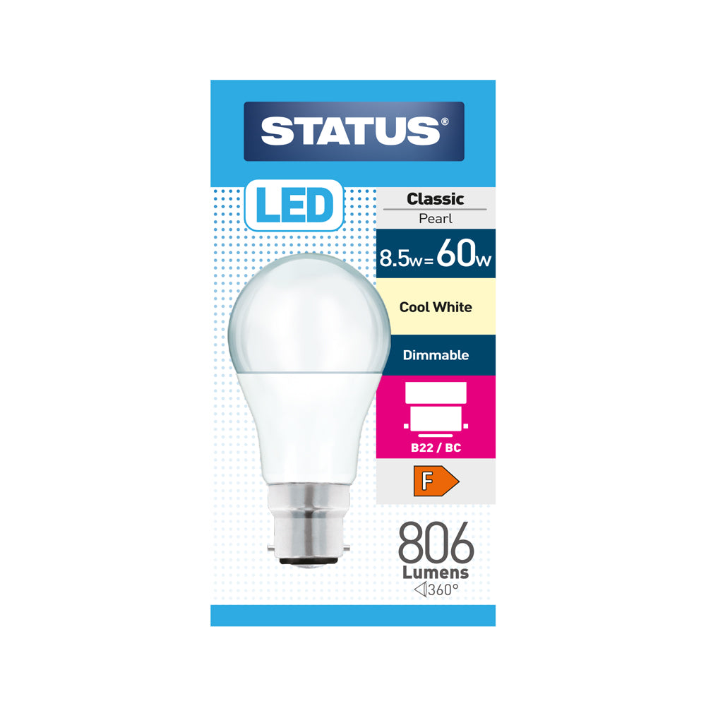 8,5W = 60W = 806 lumens - État - DEL à intensité variable - GLS - B22 - PA - Perle - Blanc froid - boîte de 1