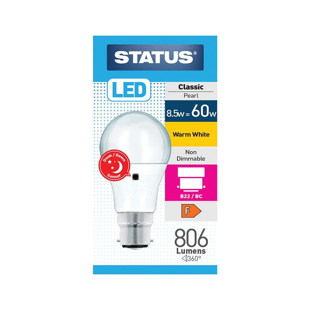 8.5w = 60w = 806 lumens - Sensor LED - GLS - B22 - PA - Pearl - Warm White - 1 pk box