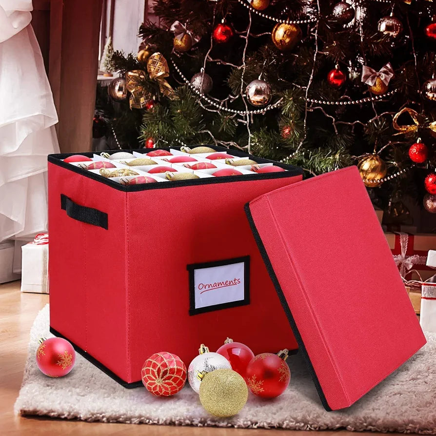 Boîte de rangement pour décorations de Noël avec couvercle, conteneur de figurines de Noël, organiseur de décorations de Noël, avec poche arrière, tissu Oxford 600D imperméable et indéchirable, rouge