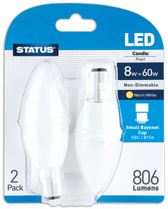 8w = 60w = 806 lumens -LED - Candle - SES - PA - Pearl - Warm White - 2 pk