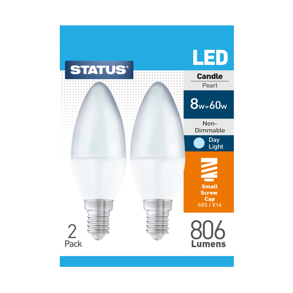 8w = 60w = 806 lumens -LED - Candle - SES - PA - Pearl - Day Light - 2 pk box