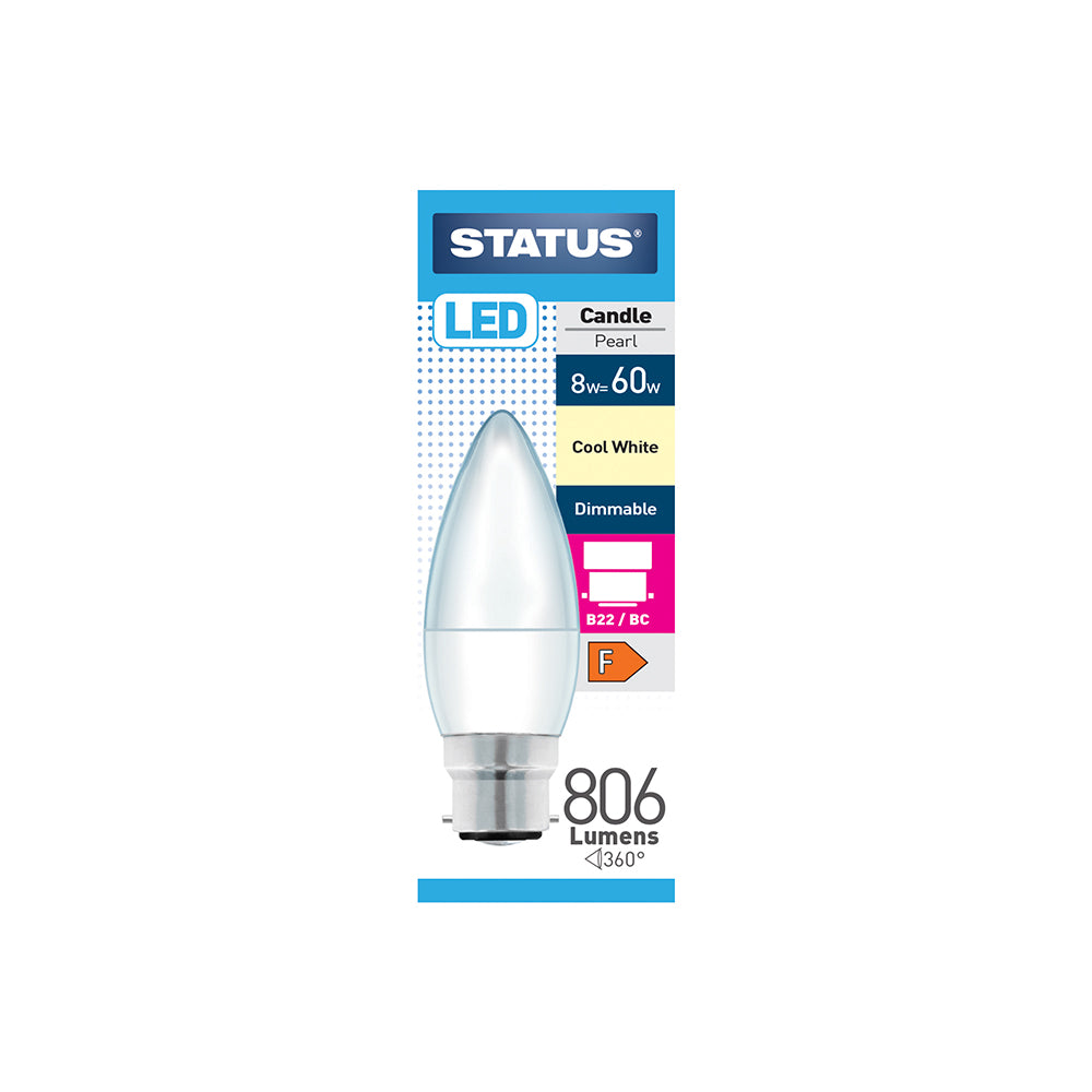8w = 60w = 806 lumens - DEL à intensité variable - Chandelle - BC - PA - Perle - Blanc froid - boîte de 1