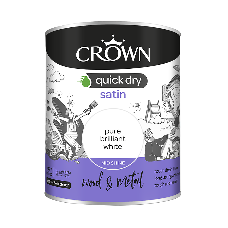 Crown Quick Dry Satin Paint - Pure Brilliant White, 750ml
