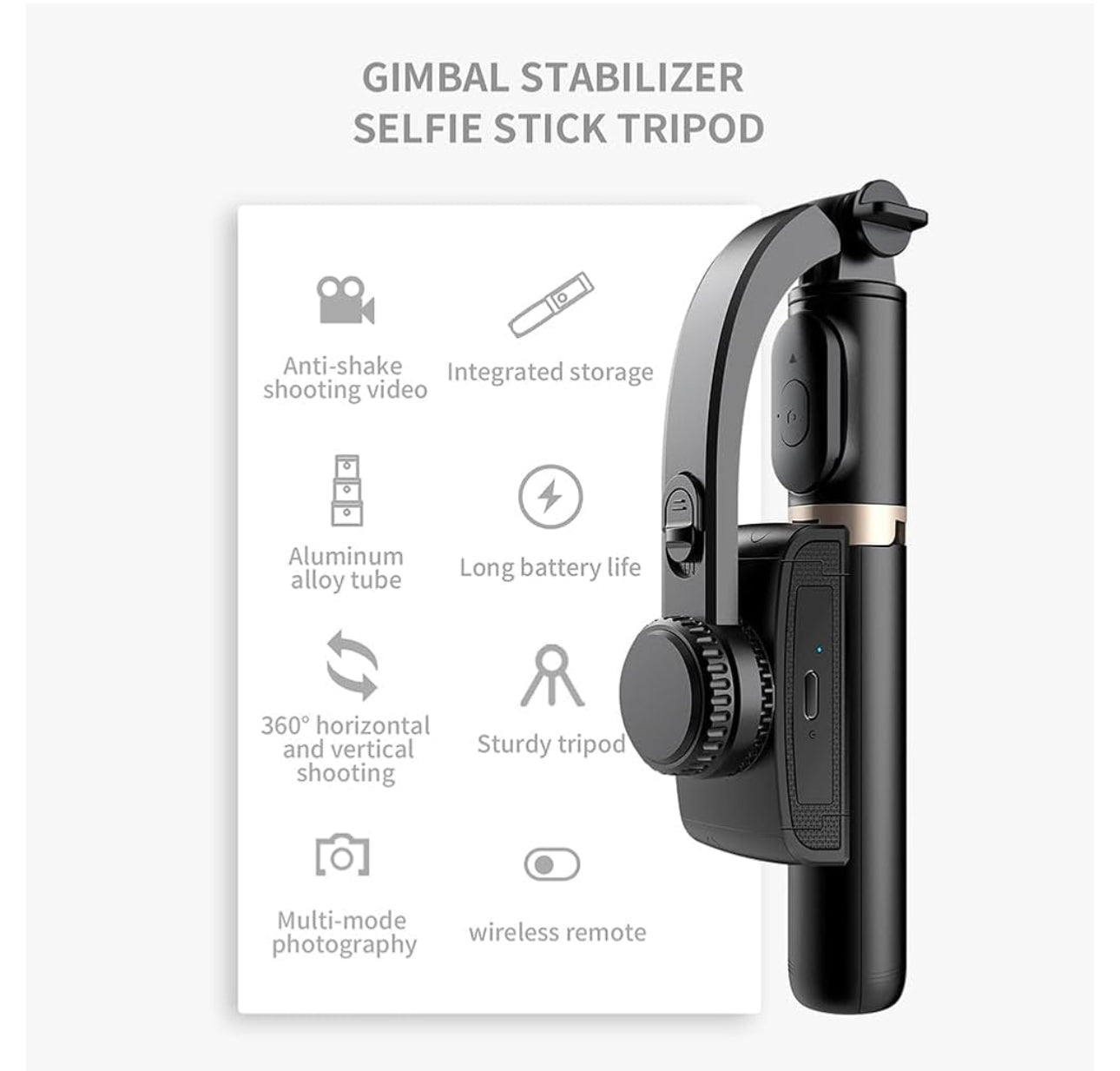 Stabilisateur de cardan pour téléphone, stabilisateur de téléphone portable avec télécommande sans fil, modes portrait et paysage, trépied, perche à selfie, capacités d'enregistrement fluides