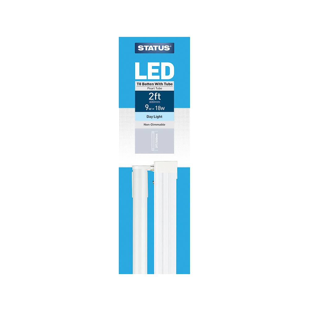 9W = 1500 lumens - LED - Tube T8 0,6 Mètre Lumière du Jour - Réglette - Perle - Boîte de 1