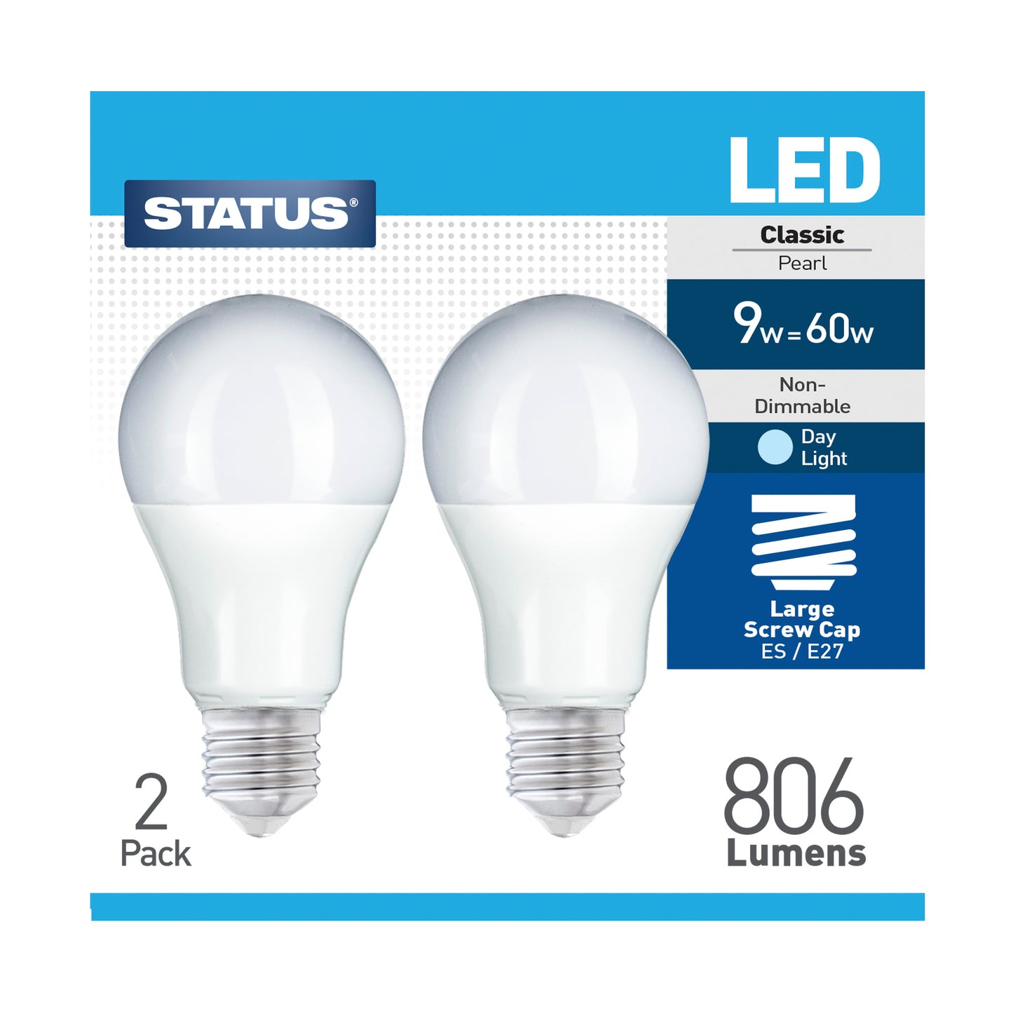 9w = 60w = 806 lumens -LED - A60 GLS - ES - PA - Pearl - Day Light - 2 pk box