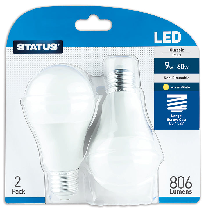 9w = 60w = 806 lumens - LED - A60 GLS - ES - PA - Pearl - Warm White - 2 pk