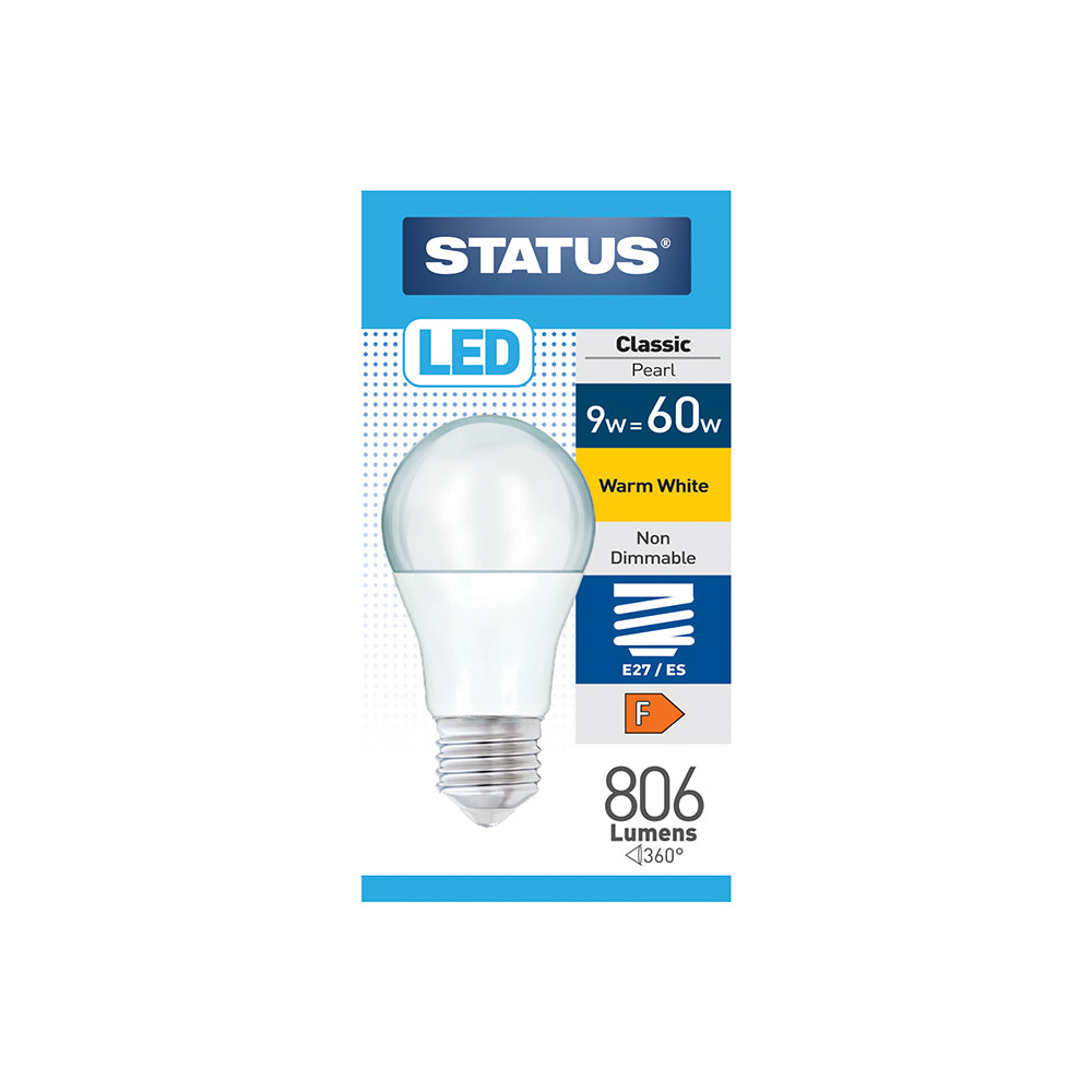 9w = 60w = 806 lumens -LED - A60 GLS - E27 - PA - Pearl - Warm White - 1 pk box