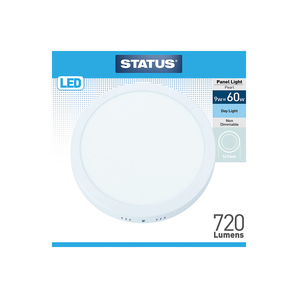 9w = 720 lumens - Surface Mount Round Panel Light - Day Light - LED-161mm - Pearl - 1 pk box