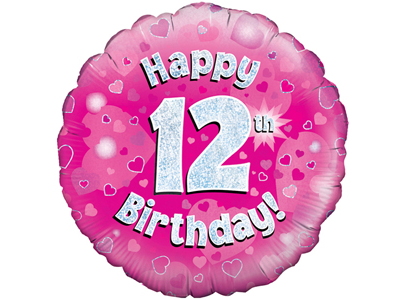 Happy 12th Pink Holographic Helium balloon 18in