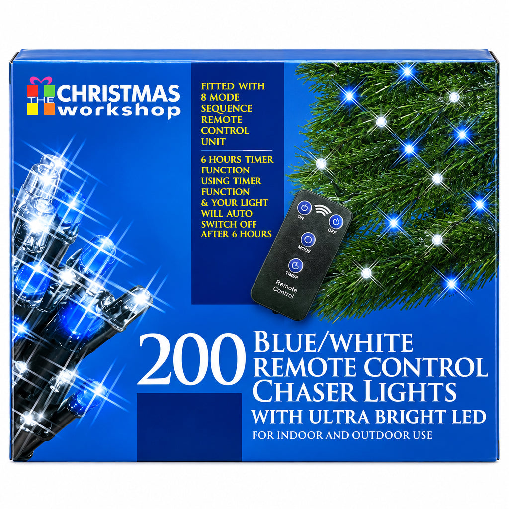 The Christmas Workshop 200 LED Lumières de Noël bleues/blanches avec télécommande et effet de chenille | Lumières intérieures/extérieures | 19,9 mètres | Noël/Mariages/Jardins