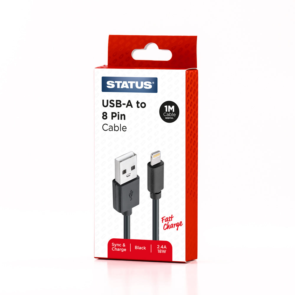 USB A to 8 Pin Sync and Charge Cable - Fast Charge - 2.4 Amp - 18w - 1 Mtr - Black PVC