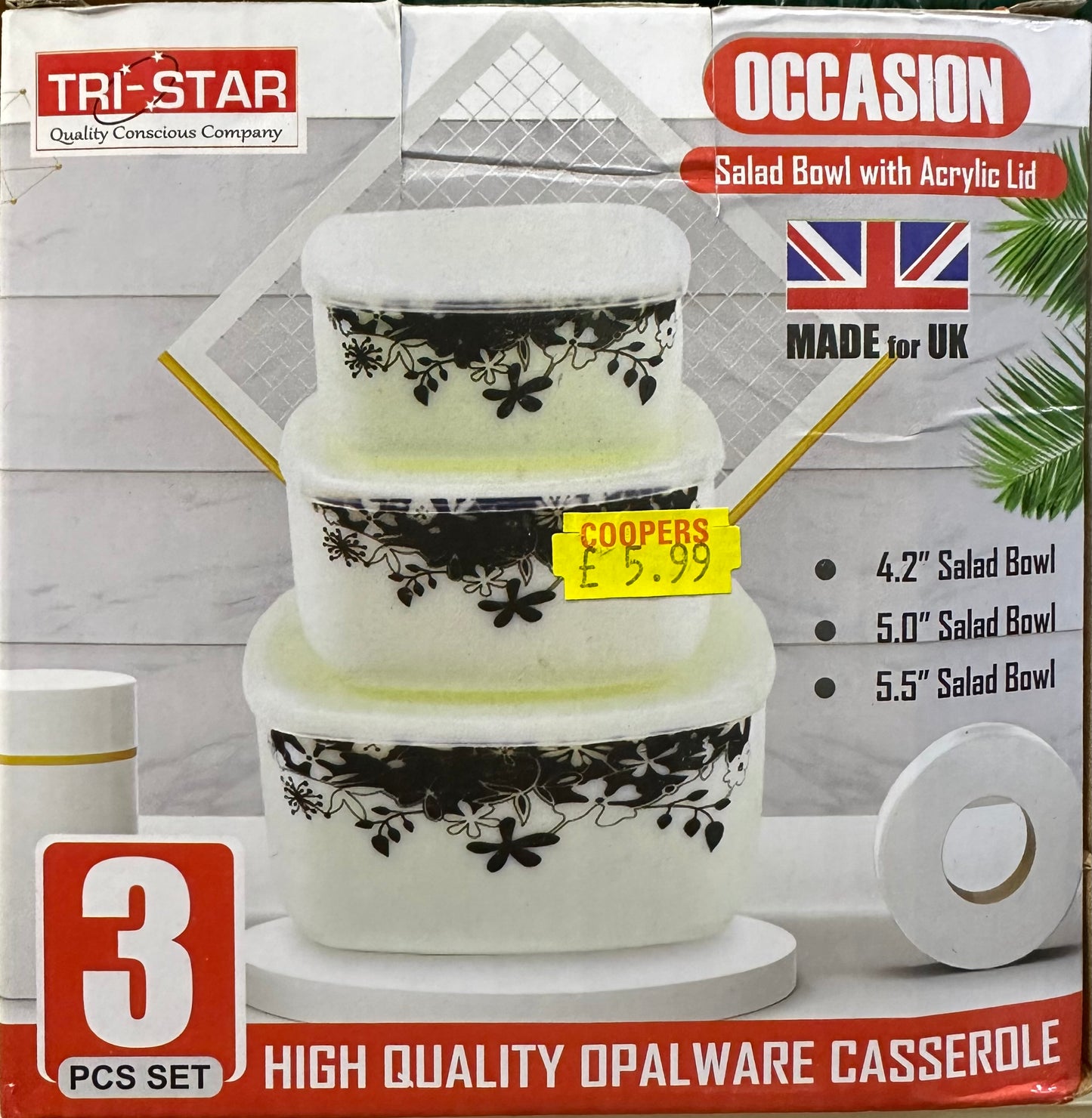 SALADIER D'OCCASION AVEC COUVERCLE ACRYLIQUE Motif floral noir