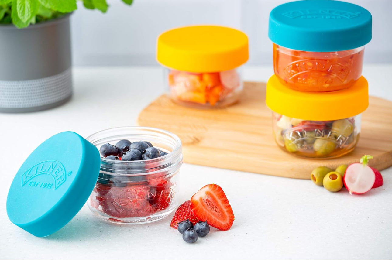 Kilner Lot de 2 pots à collation et conservation en verre 125 ml avec couvercles en silicone à poussoir