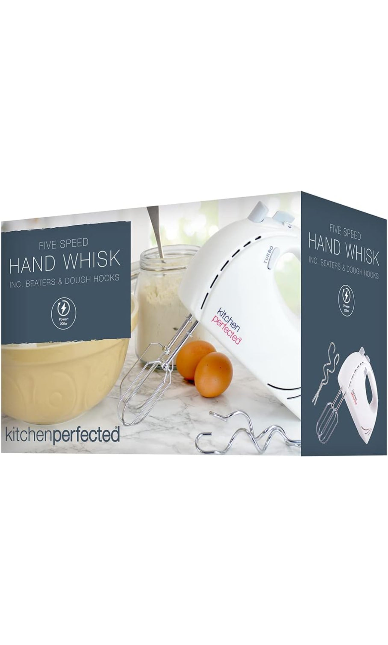 KitchenPerfected 200w Hand Whisk - 5 Speed Selection - Turbo Function - 2 Beater Attachments - 2 Hook Attachments - Eject Button -White - E5433WH