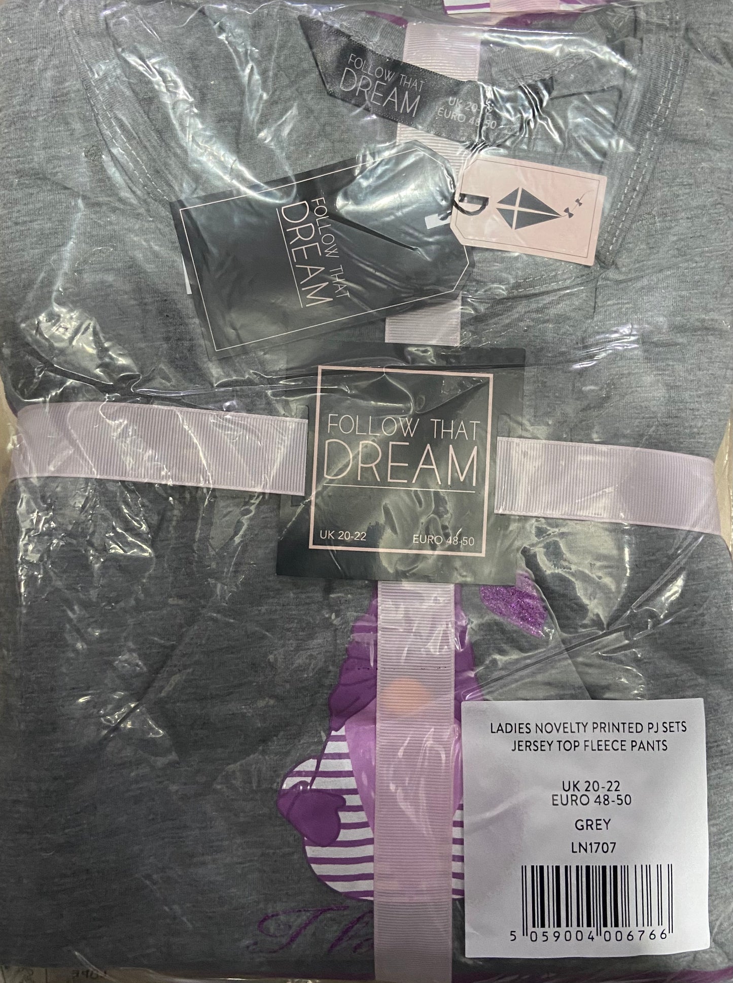 LADIES 20-22 UK NOVELTY PRINTED PJ SETS JERSEY TOP FLEECE PANTS GREY