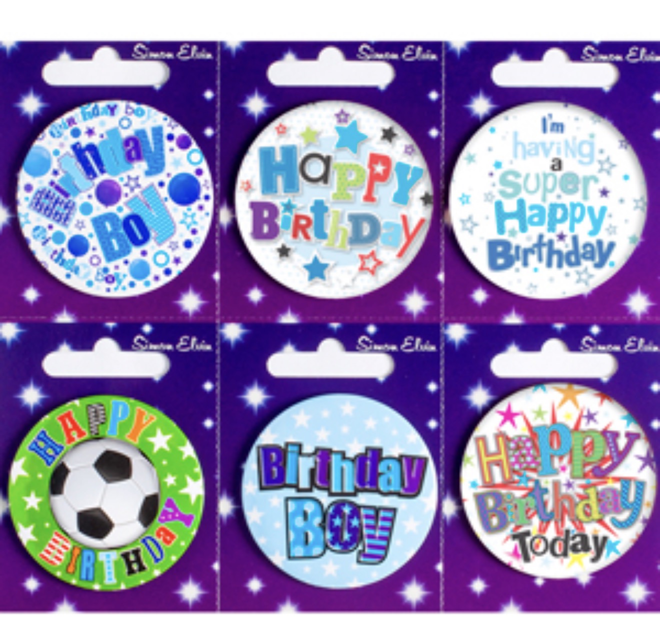 SIMON ELVIN SMALL HAPPY BIRTHDAY/ BIRTHDAY BOY BADGES ASSORTED DESIGNS