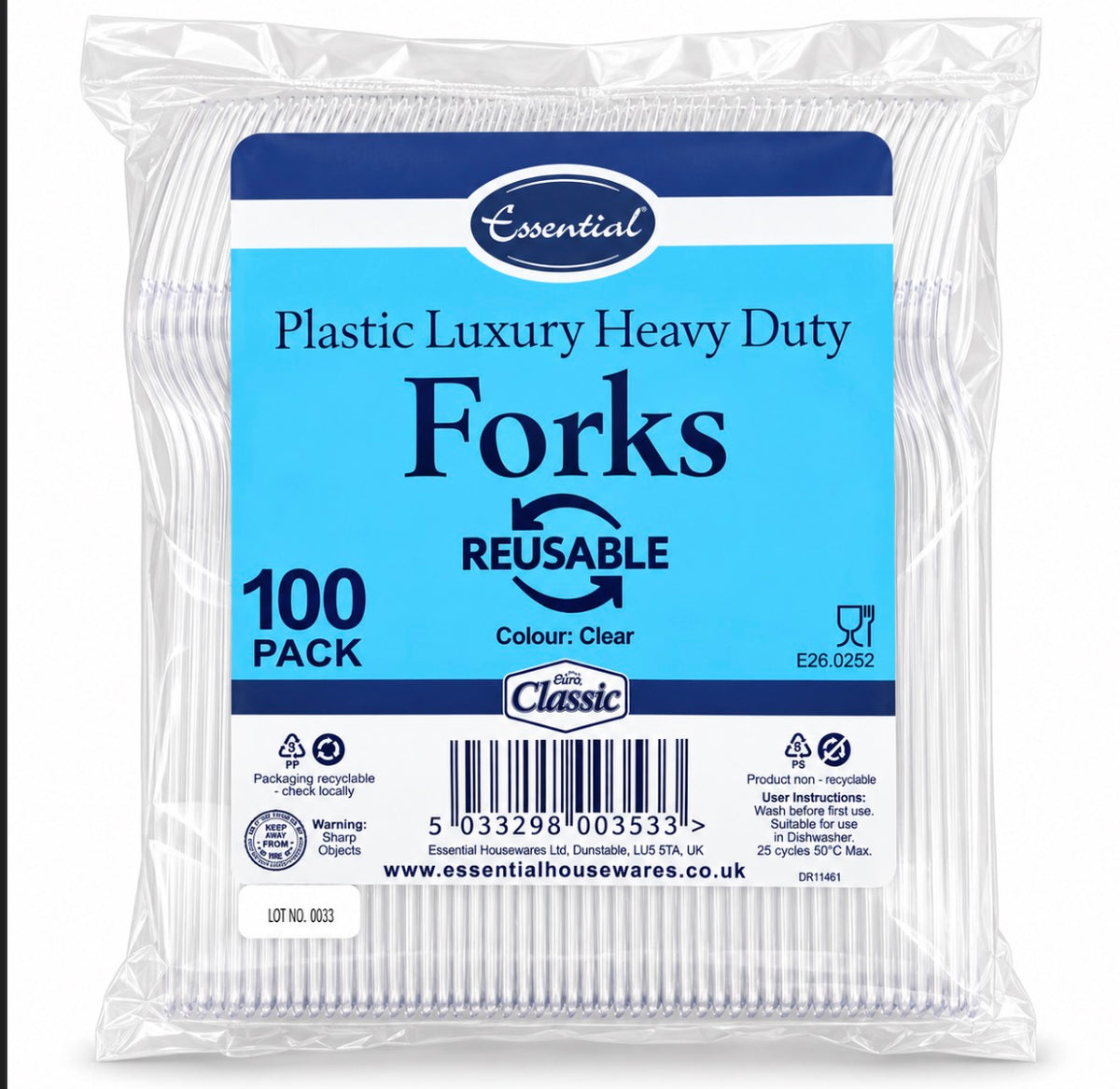 ESSENTIAL PLASTIC LUXURY HEAVY DUTY FORKS REUSABLE CLEAR 100pk