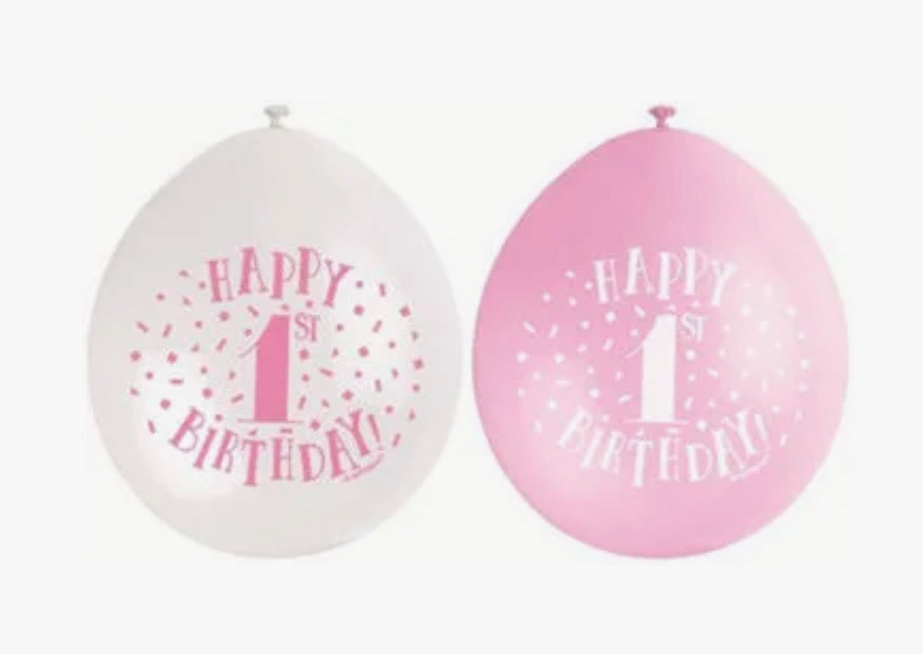 9in UNIQUE PINK HAPPY 1th BIRTHDAY LATEX BALLOONS 10