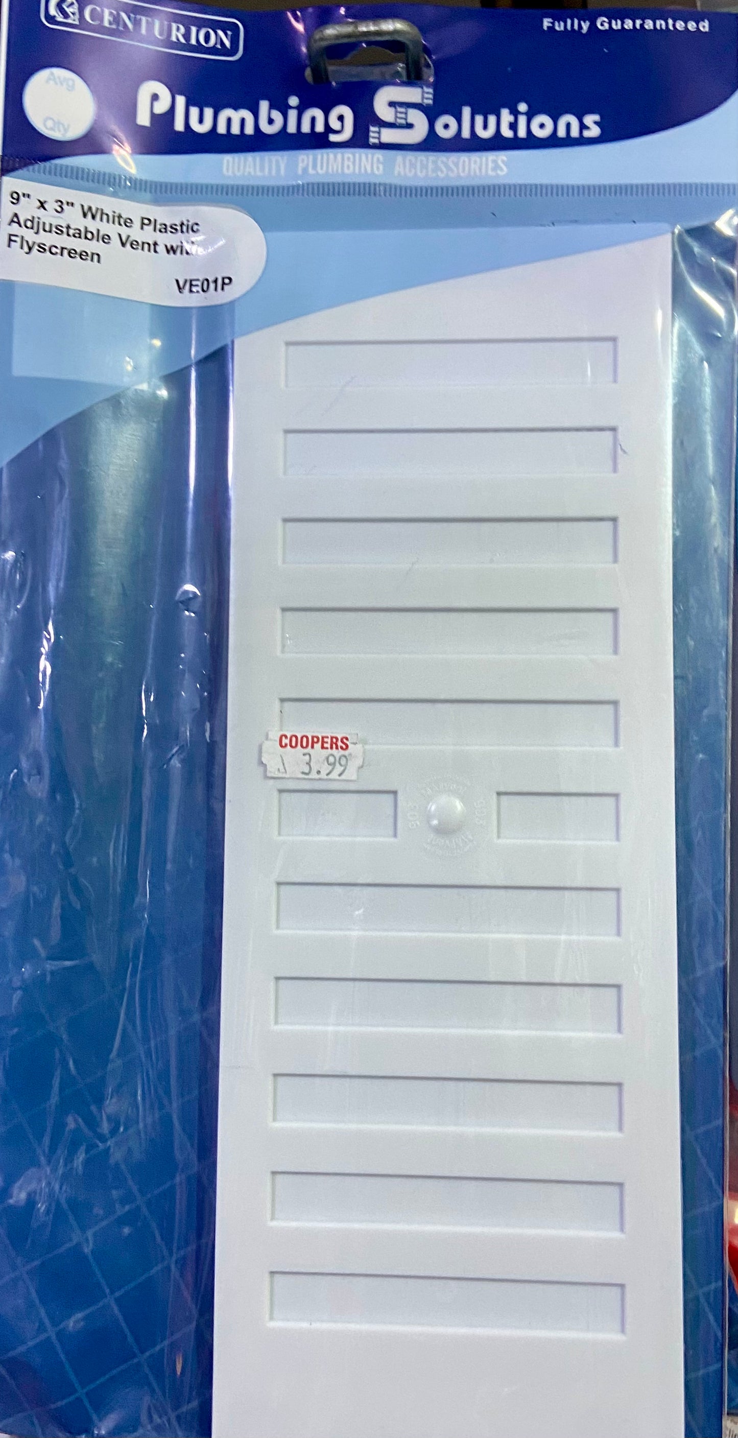 CENTURION PLUMBING SOLUTIONS 9” x 3” WHITE PLASTIC ADJUSTABLE VENT WITH FLYSCREEN