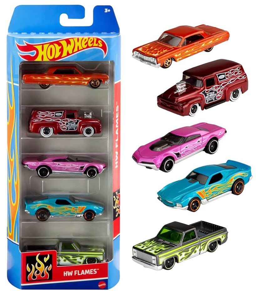 Voitures miniatures Hot Wheels moulées sous pression à l'échelle 1:64, paquet de 5 voitures de course, Hot Rods, voitures de personnages, ou camions de secours ou camionnettes, styles assortis