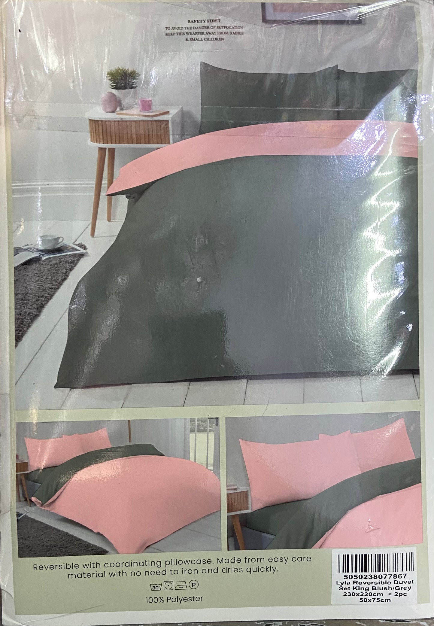 PARURE DE LIT LYLA RÉVERSIBLE KING BLUSH/GRIS