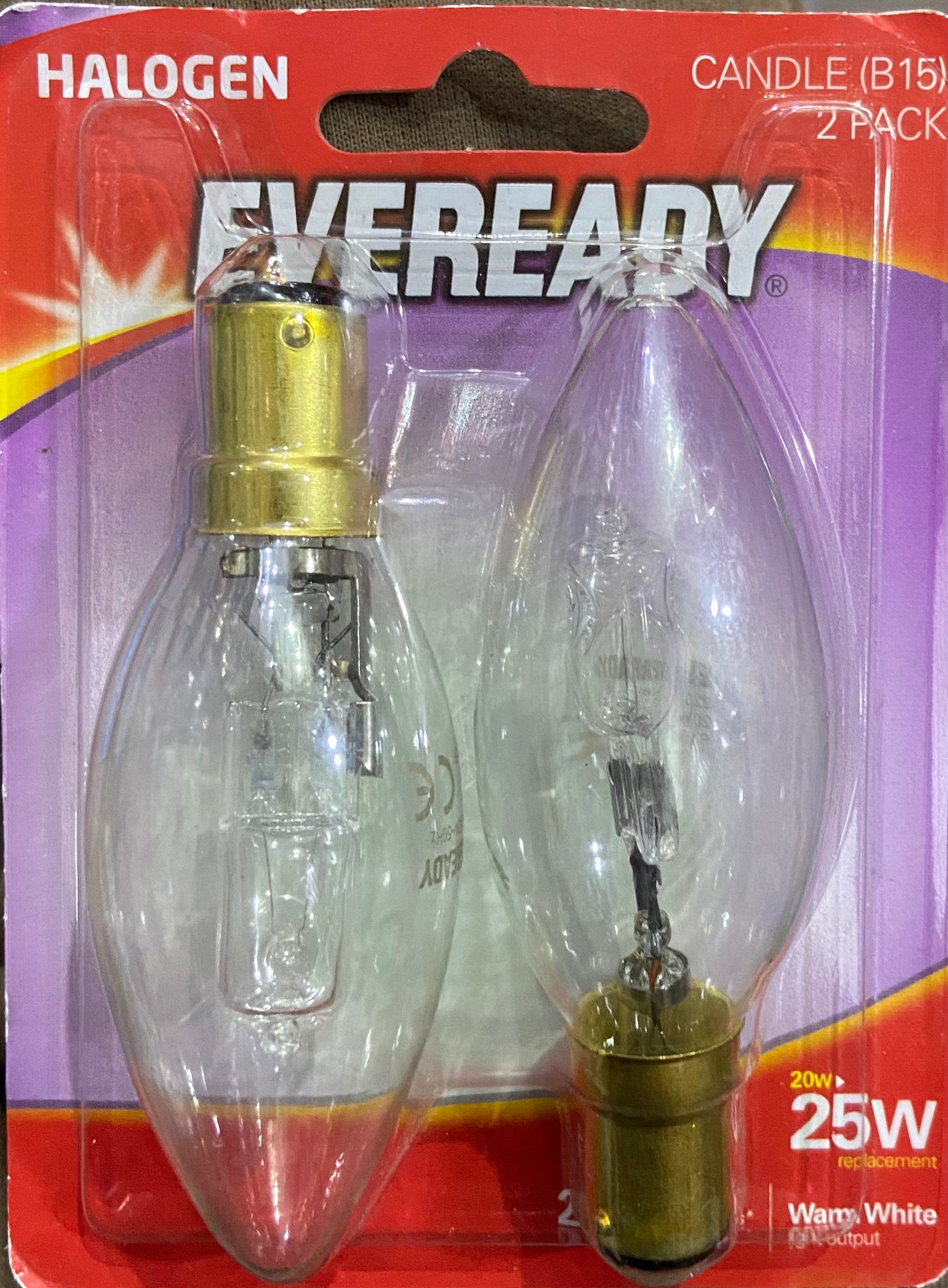 AMPOULE BOUGIE EVEREADY B15 HALOGÈNE 25 W, LOT DE 2