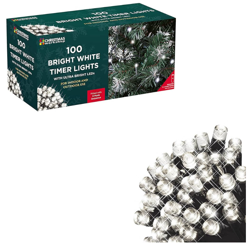 CHRISTMAS 100 BRIGHT LED WHITE TIMER LIGHTS Battery Operated