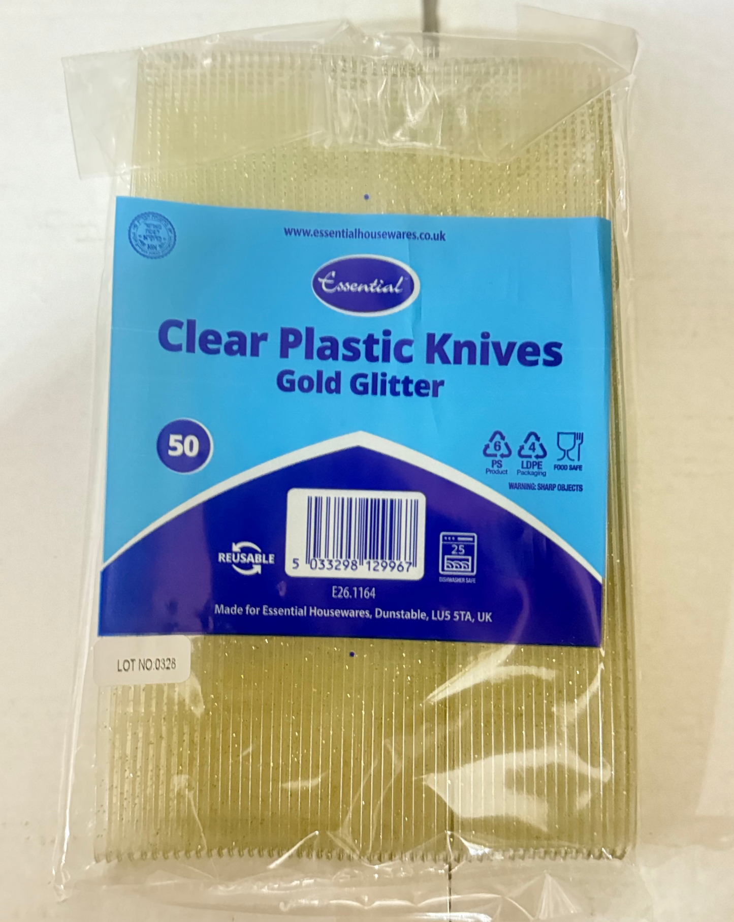 COUTEAUX EN PLASTIQUE TRANSPARENT PAILLETÉS OR ESSENTIEL, LOT DE 50