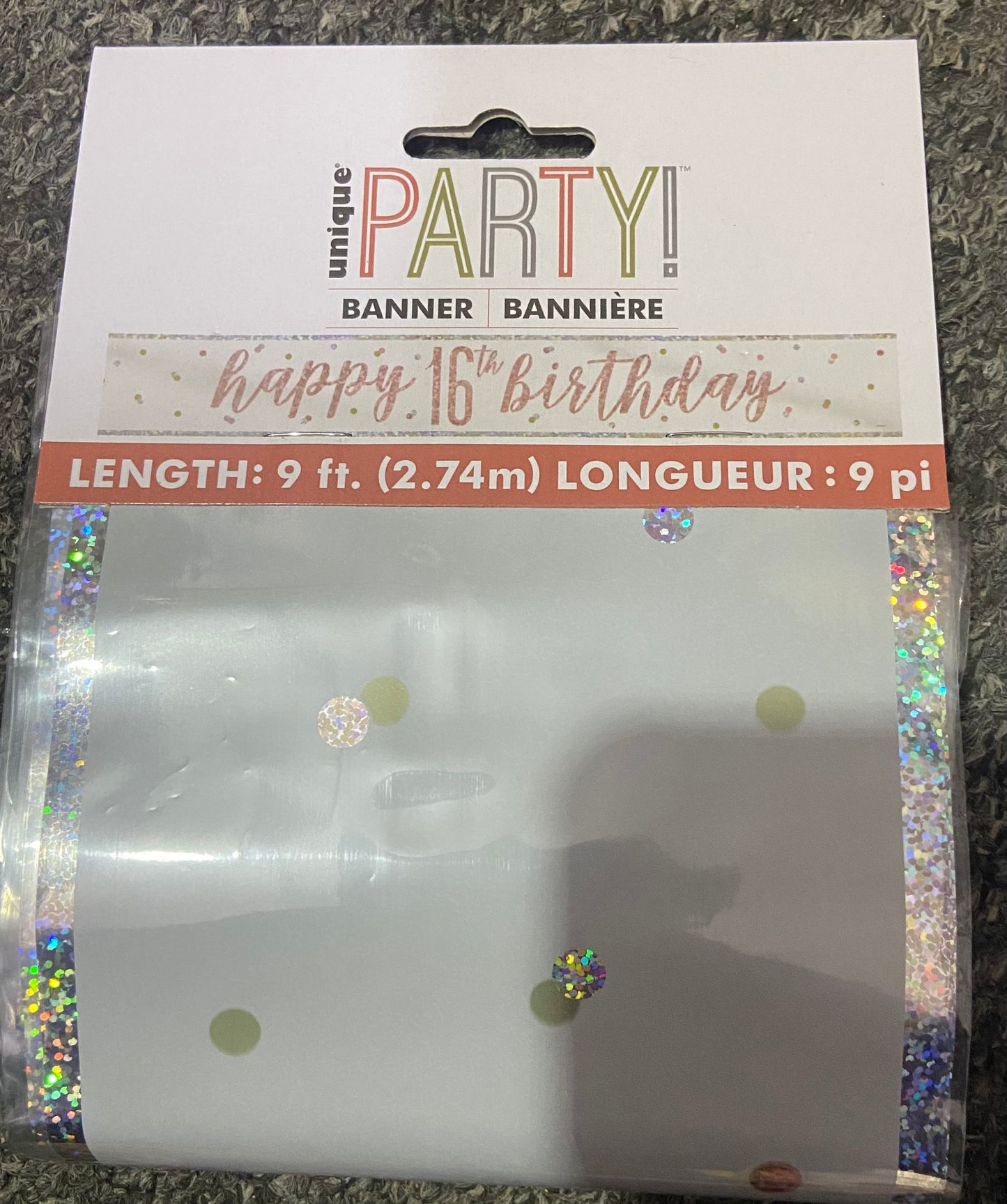Banderole d'anniversaire 16 ans Or Rose Pailleté 2,74 m