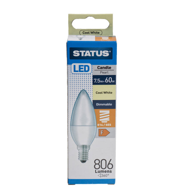 STATUS LED CANDLE PEARL 7.5w=60w COOL WHITE DIMMABLE E14/SES 806 LUMENS