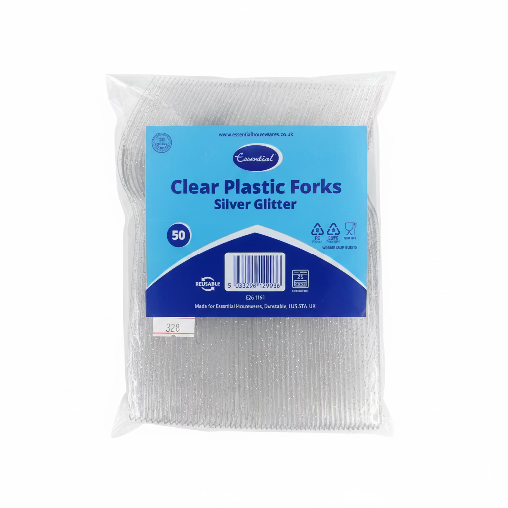 FOURCHETTE EN PLASTIQUE TRANSPARENT PAILLETÉ ESSENTIAL LOT DE 50