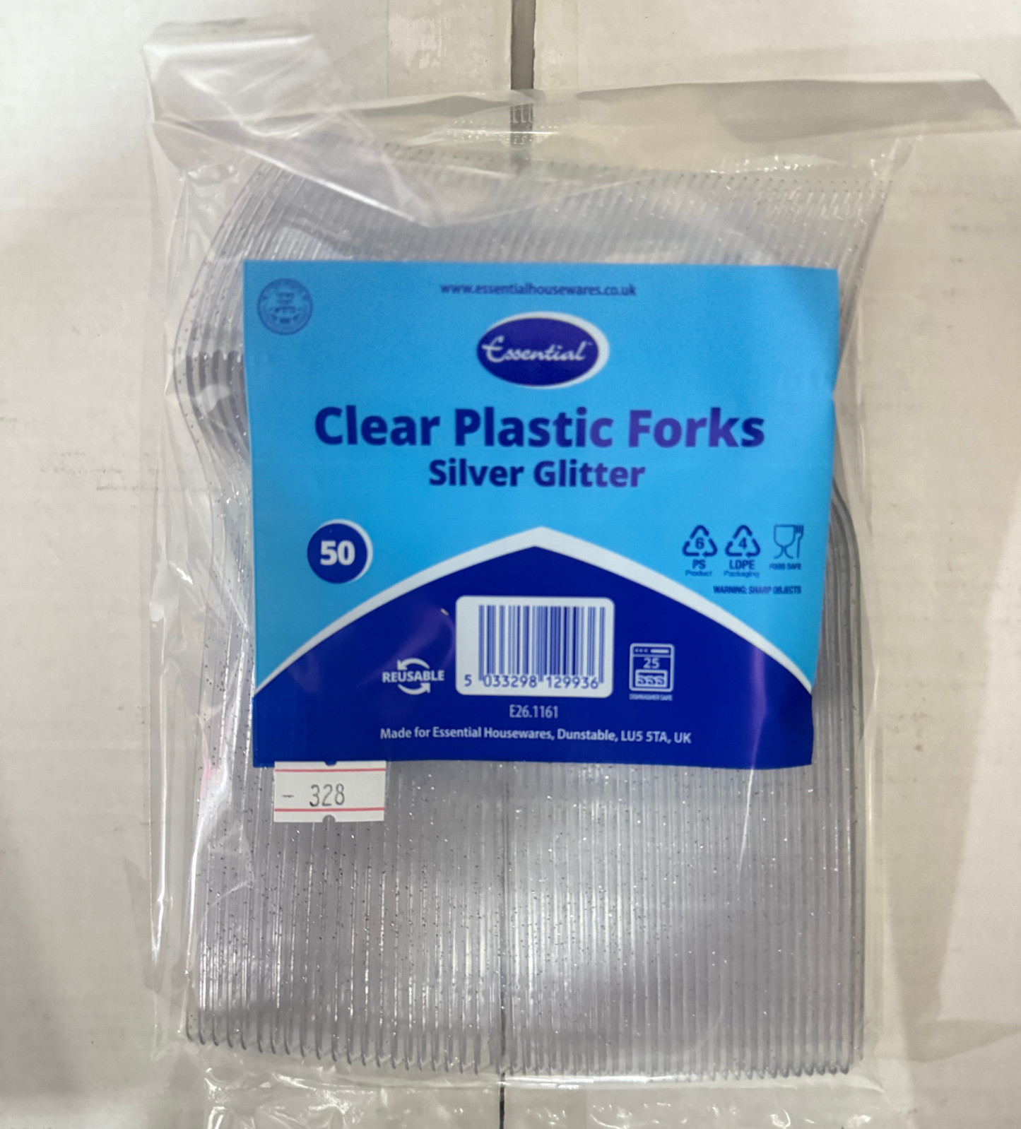 ESSENTIAL CLEAR PLASTIC FORK SILVER GLITTER 50pack